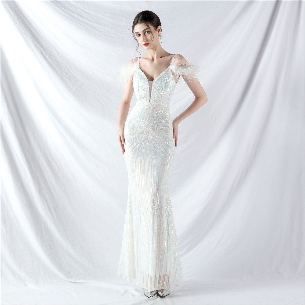 new dress craft order ostrich hair positioning flower bead piece evening dress
