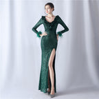 High-end evening dress decorated with ostrich hair craft wavy beads
