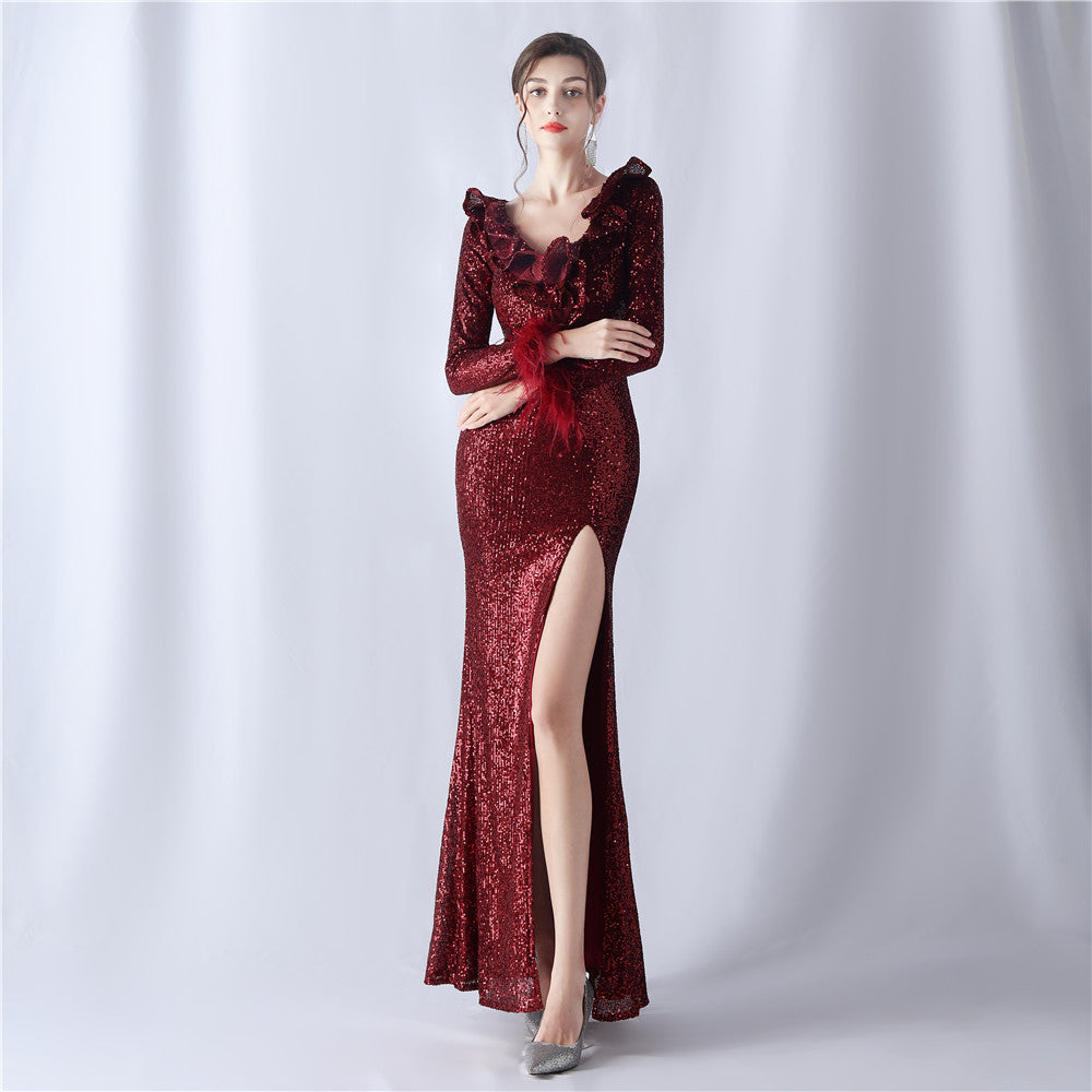 High-end evening dress decorated with ostrich hair craft wavy beads