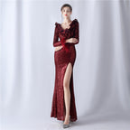 High-end evening dress decorated with ostrich hair craft wavy beads