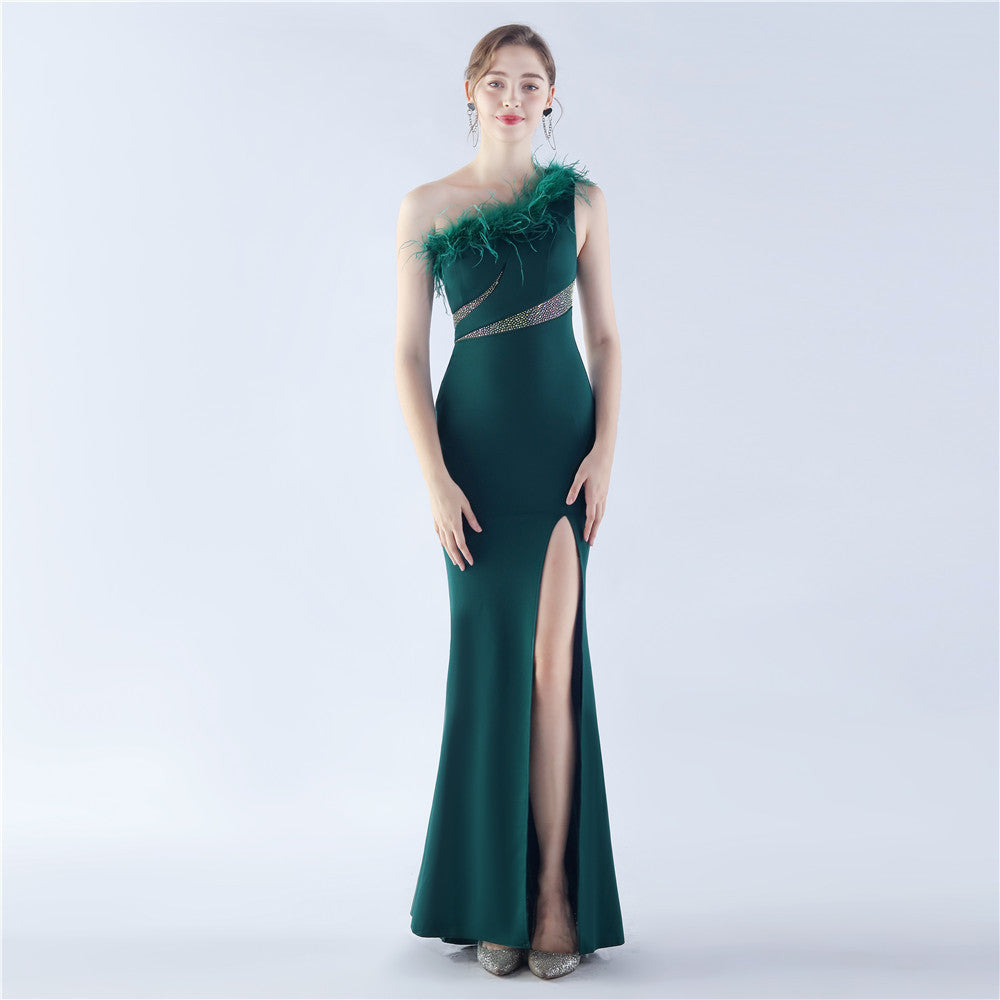 New shoulder craft order ostrich hair hot diamond high-end evening dress