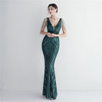Positioning flower beaded evening dress long banquet slim evening dress temperament elegant long sequins