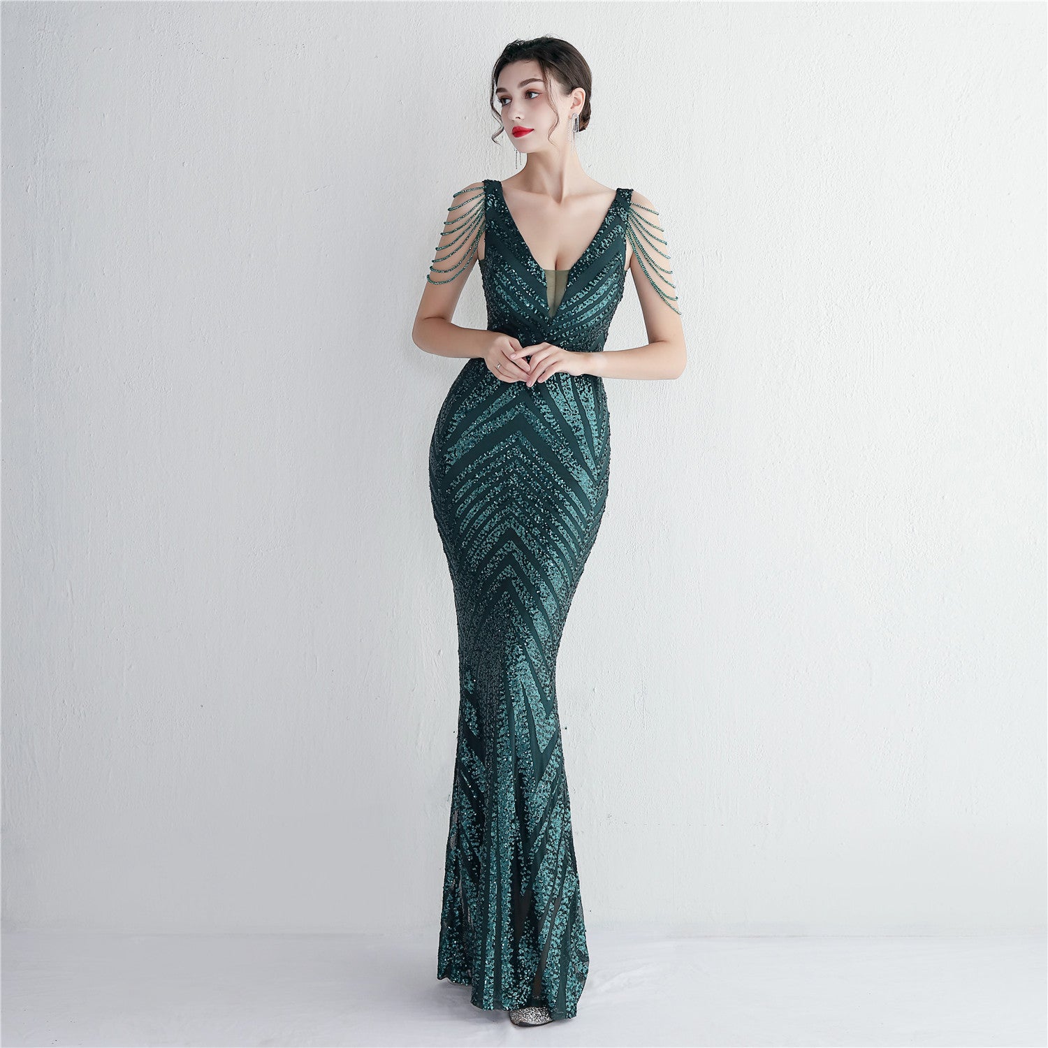 Positioning flower beaded evening dress long banquet slim evening dress temperament elegant long sequins