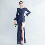 High-density ostrich hair beads long-sleeved fishtail high-end evening dress