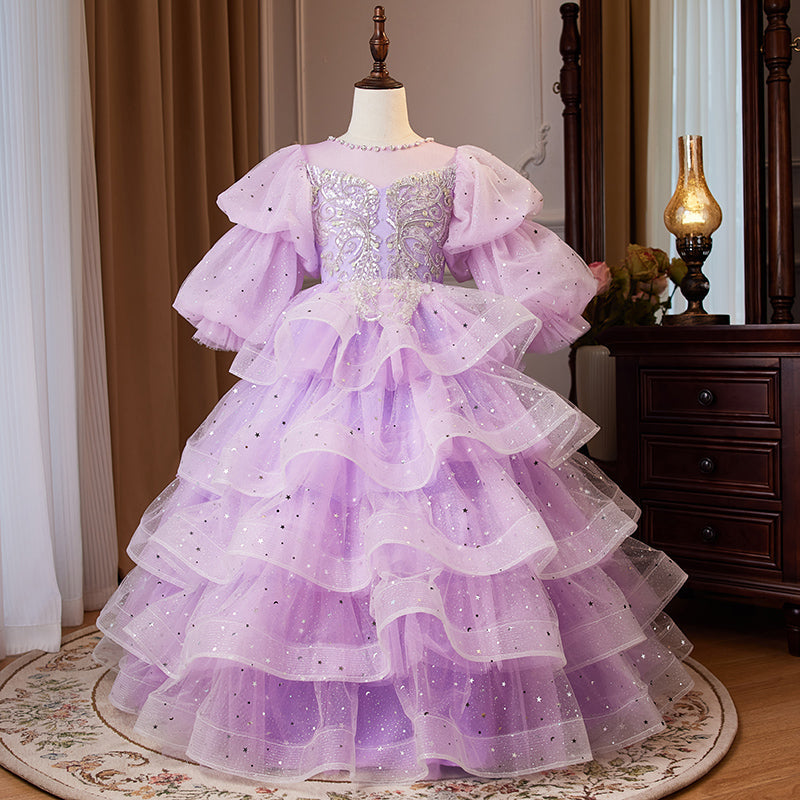 Blumenmädchenkleid, Kinder-Osterkleid, Partykleid, lila Pailletten, bauschiges Prinzessinnen-Kommunionskleid 
