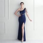 Hot Diamond Bead Craft Bridesmaid Hosting Party Sexy Shoulder Long Evening Dress