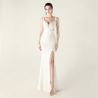 New cross-pleated hollow mesh deep V-neck evening dress slim banquet robe