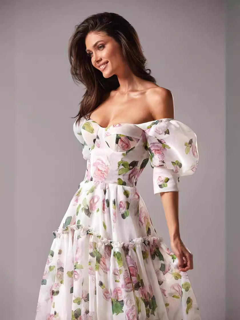 Floral Print Off Shoulder Puff Sleeve Organza Maxi Dress