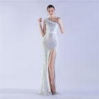 Dress new craft beaded ostrich hair oblique collar shoulder high-end evening dress