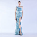 Dress new craft beaded ostrich hair oblique collar shoulder high-end evening dress
