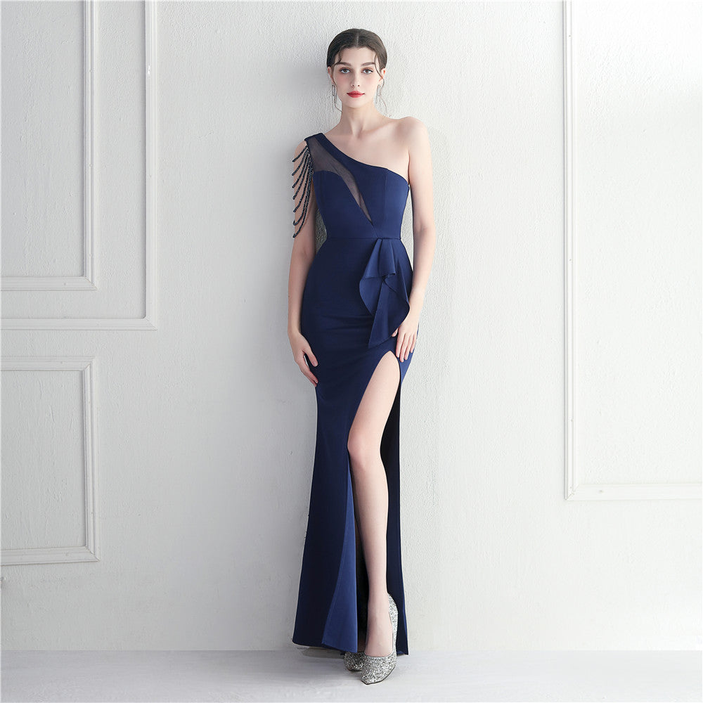 Craft beaded mesh yarn perspective split fork European and American sexy dress long