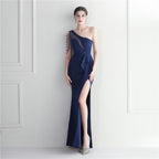 Craft beaded mesh yarn perspective split fork European and American sexy dress long