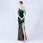 New extended ostrich hair beaded sequined single shoulder diagonal neck high fork evening dress