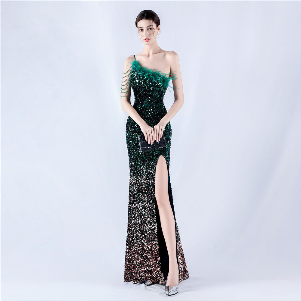 New extended ostrich hair beaded sequined single shoulder diagonal neck high fork evening dress