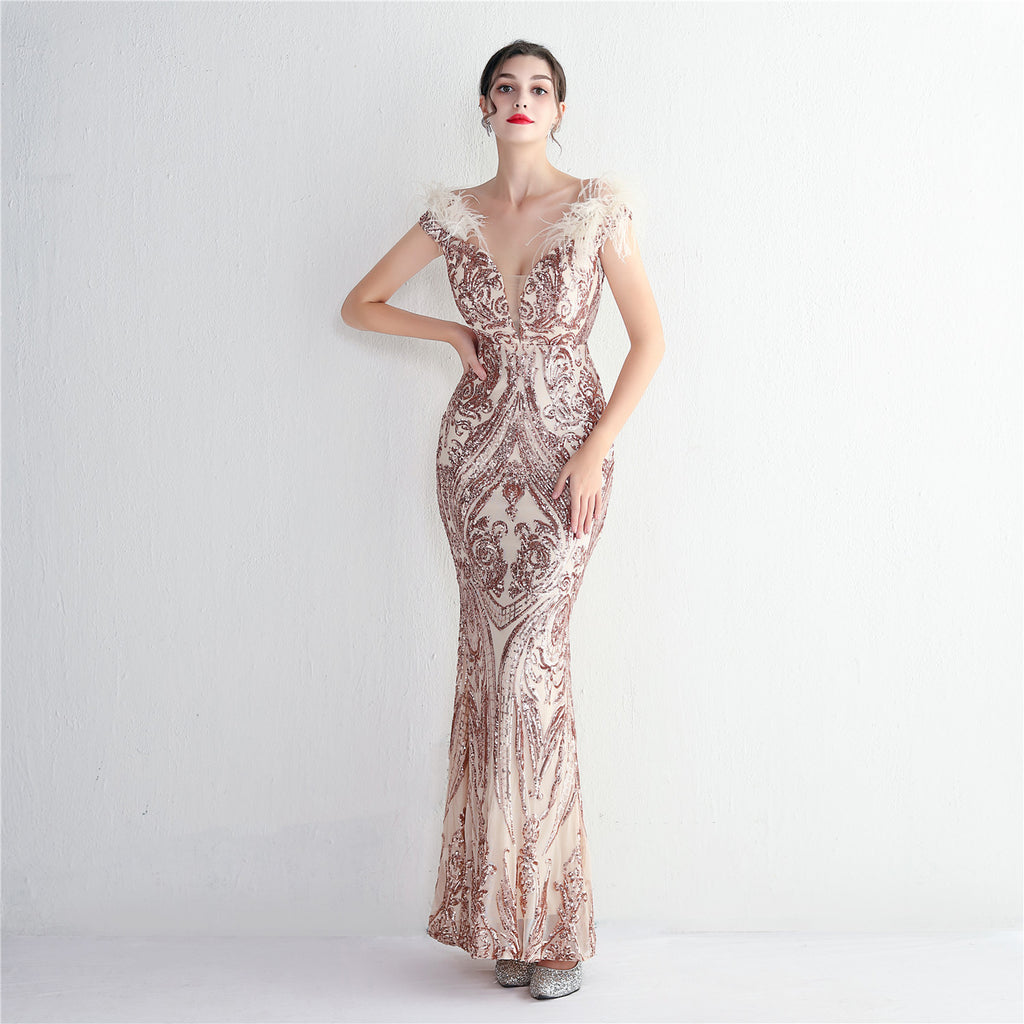 High density three-dimensional strong bead positioning flower craft handmade hair banquet slim sexy evening dress