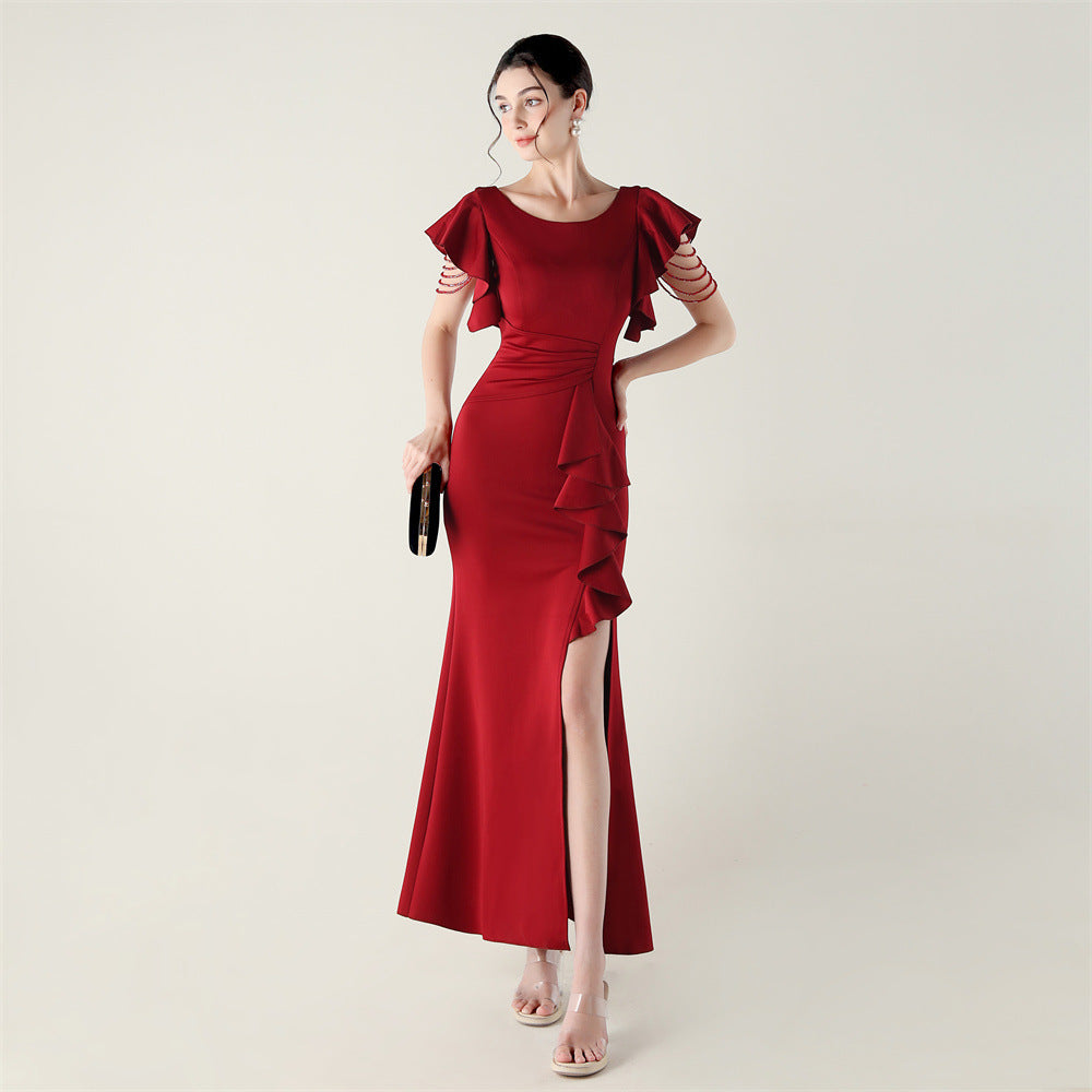 Heavy Industry Bead Tube Satin Evening Dress Deep V Lotus Leaf Pendant Bead Chain Bead Ordering Banquet Skirt
