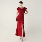 Heavy Industry Bead Tube Satin Evening Dress Deep V Lotus Leaf Pendant Bead Chain Bead Ordering Banquet Skirt