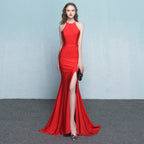 New fashionable long red fishtail neck wedding banquet evening dress