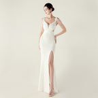 New bead pressing and folding process deep V-neck evening dress slim banquet robe