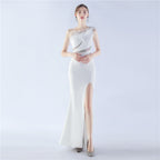 New shoulder craft order ostrich hair hot diamond high-end evening dress