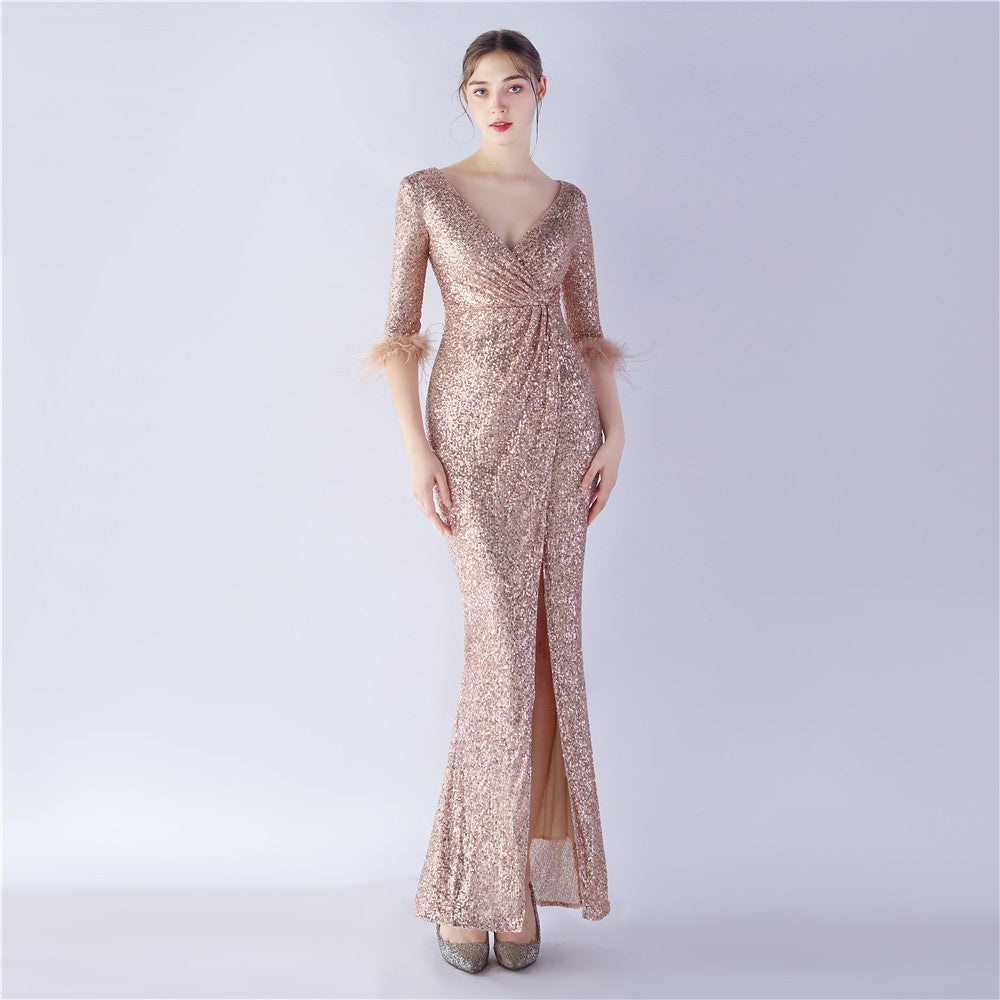 Craft ostrich sequin long-sleeved evening dress