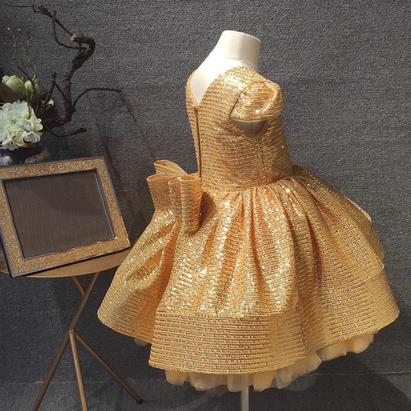 Elegante vestido de lentejuelas doradas para niña, vestido de princesa de primera comunión para niña pequeña 