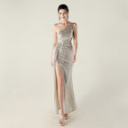New one-shoulder diagonal collar sequined dress, bead chain decoration, nightclub banquet wedding