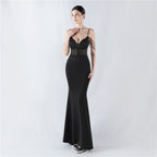 Evening dress waist fish bone beads hot diamond banquet performance host evening dress