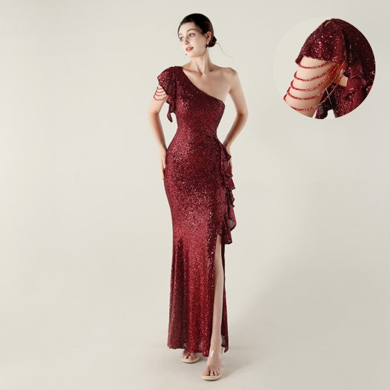 New single shoulder ruffle pendant bead chain handmade sequined evening dress, banquet party wedding
