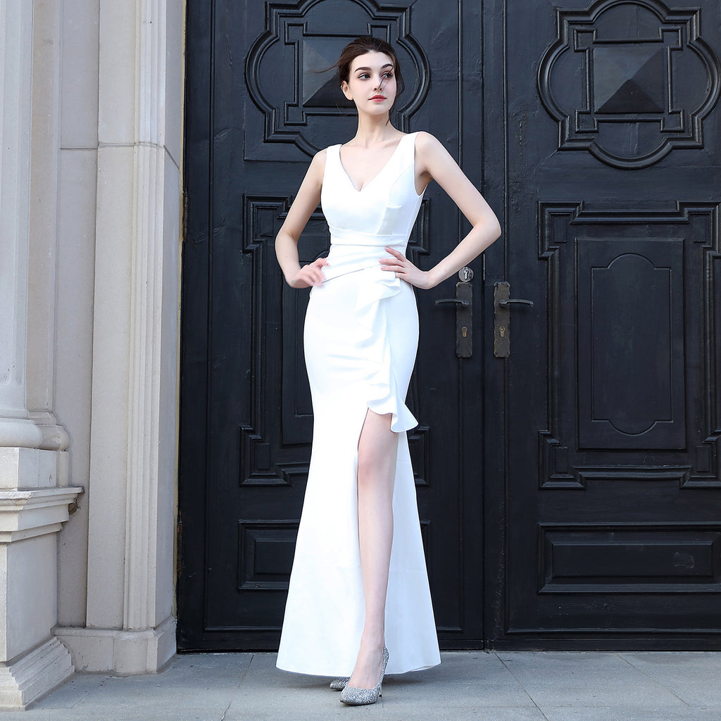 Bridal long sleeveless red thank you banquet slim fishtail skirt wedding car model exhibition dress