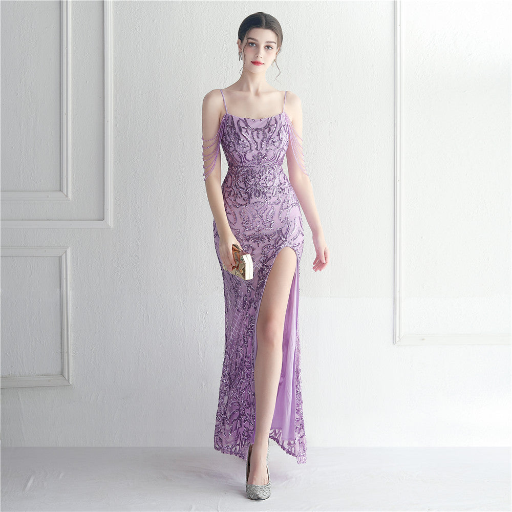 Positioning flower bead slice bead craft foreign trade sexy dress long