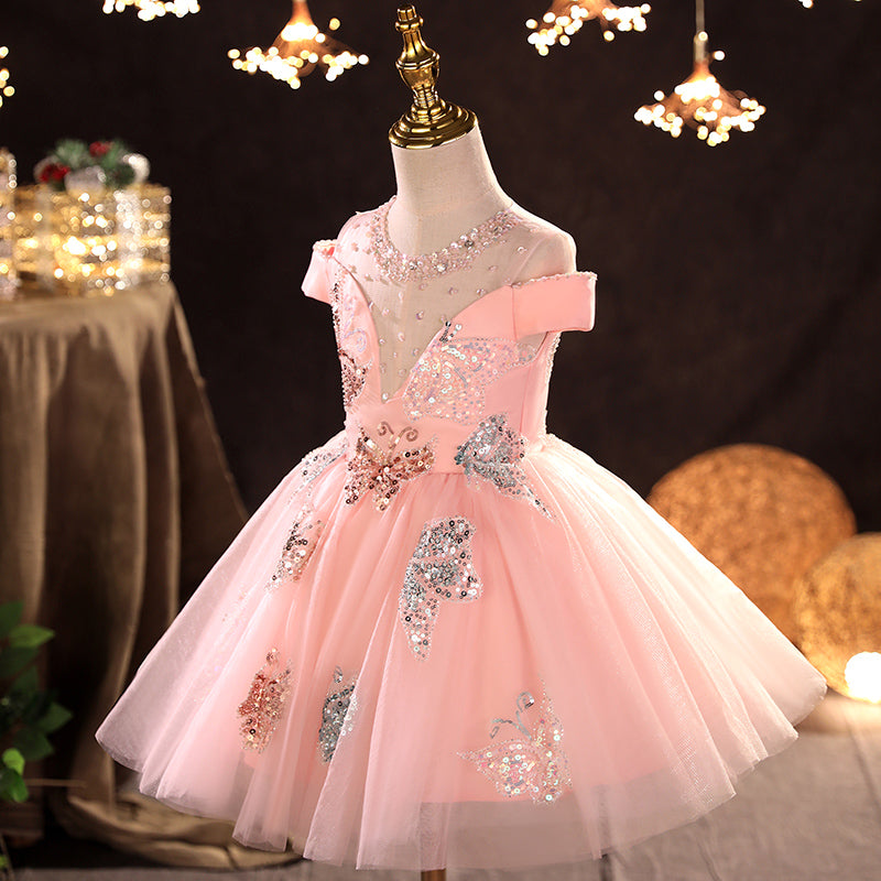 Baby Mädchen Kommunionkleid, rosa Pailletten, Schmetterlingsmuster, flauschiges Prinzessinnenkleid aus Mesh 