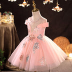 Baby Mädchen Kommunionkleid, rosa Pailletten, Schmetterlingsmuster, flauschiges Prinzessinnenkleid aus Mesh 