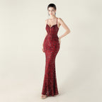 New Bead Embroidery Sequins Waist Strap Deep V Heart Suspender Evening Dress, Banquet Party