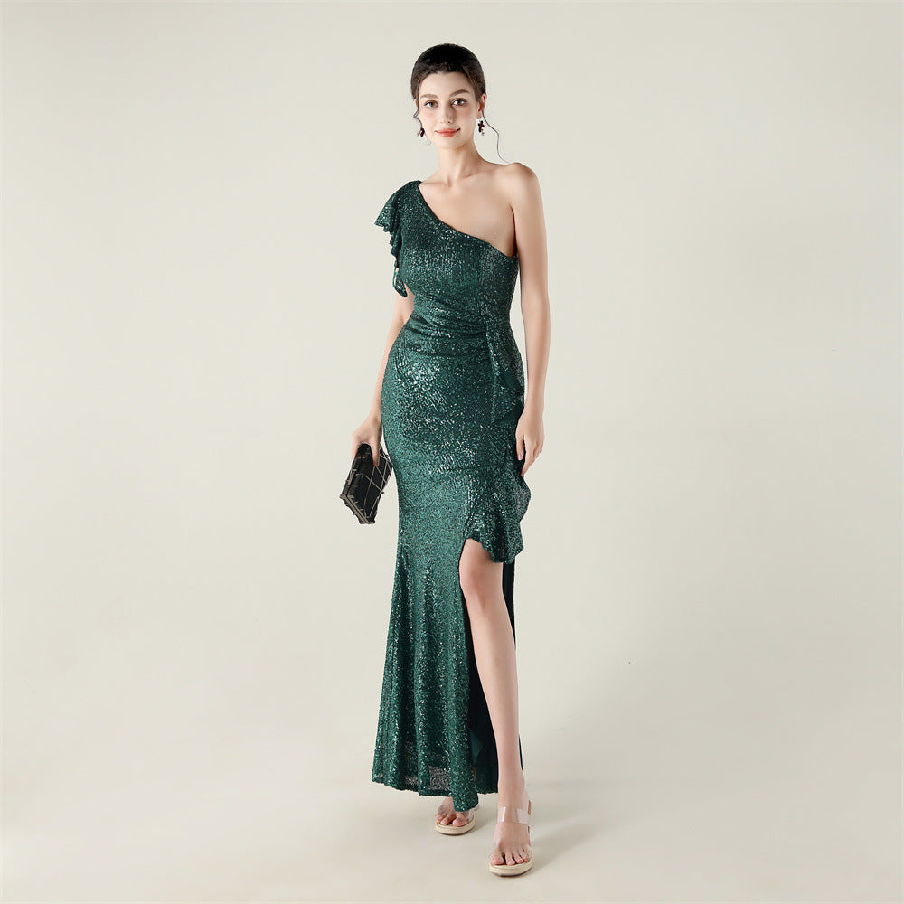 New single shoulder ruffle pendant bead chain handmade sequined evening dress, banquet party wedding
