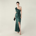 New single shoulder ruffle pendant bead chain handmade sequined evening dress, banquet party wedding