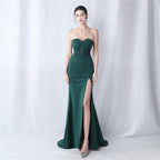 New fish bone waist setting satin cloth scratching wrinkle high-end tube top trailing evening dress