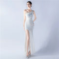 Heavy industry beaded hair single shoulder diagonal collar high fork sequined dinner dress