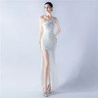 Heavy industry beaded hair single shoulder diagonal collar high fork sequined dinner dress