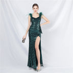 New evening dress craft beaded ostrich hair beads side split evening dress