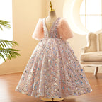 Kommunionkleid für Kleinkinder, Mädchen, Plüschärmel, rosa Pailletten, flauschiges Prinzessinnenkleid 