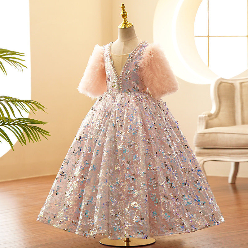 Kommunionkleid für Kleinkinder, Mädchen, Plüschärmel, rosa Pailletten, flauschiges Prinzessinnenkleid 