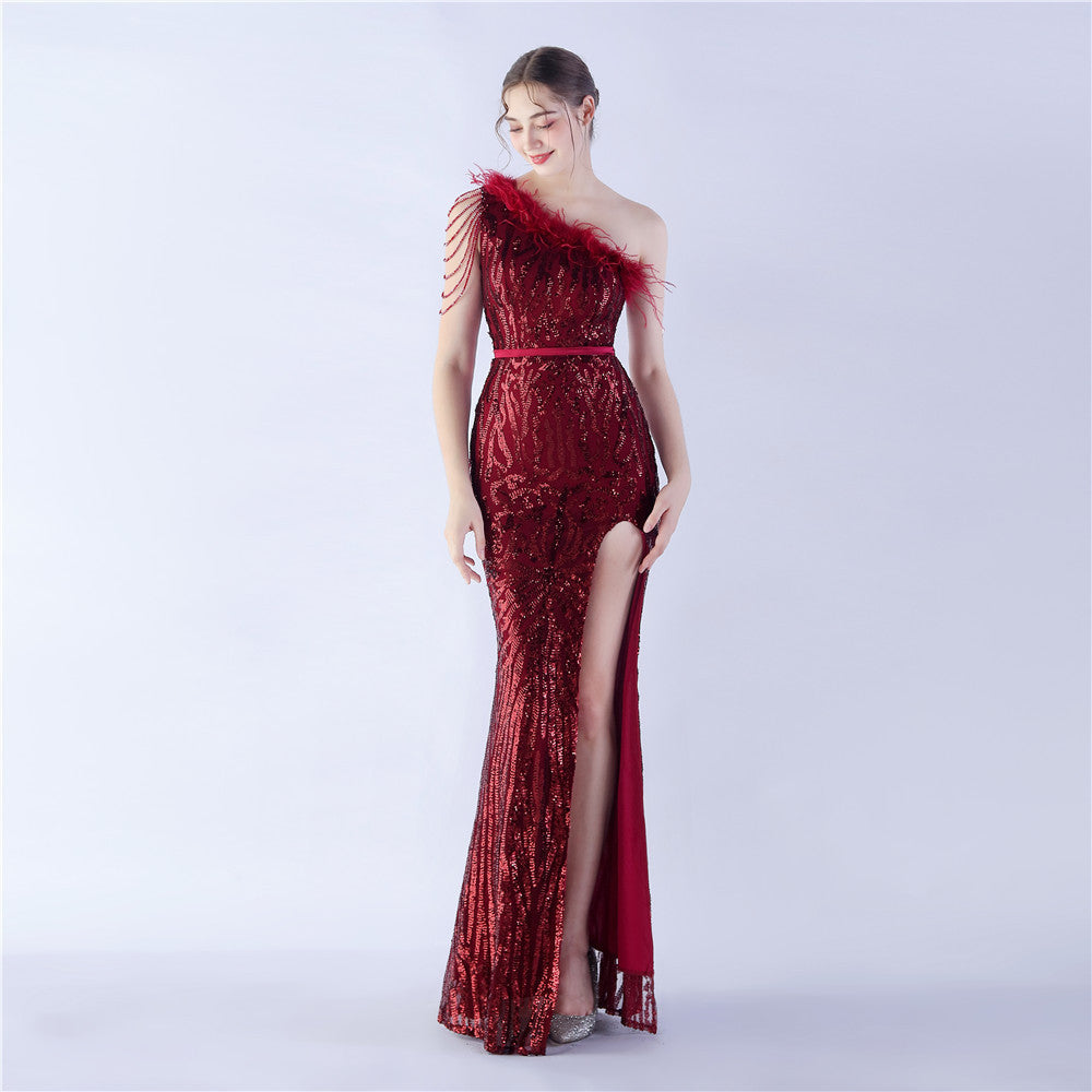 Dress new craft beaded ostrich hair oblique collar shoulder high-end evening dress