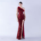 Dress new craft beaded ostrich hair oblique collar shoulder high-end evening dress