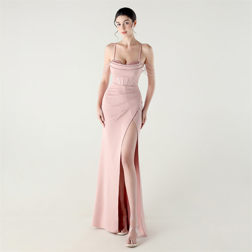 New order bead fish bone waist strap pleated deep V suspender evening dress banquet