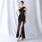 New product craftsmanship order ostrich plush bottom handmade bead high-end shoulder evening dress