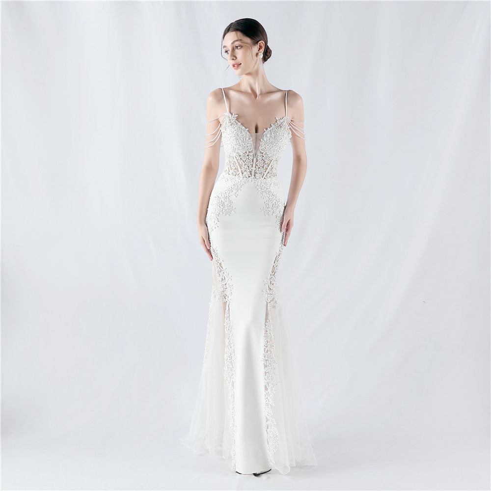 Heavy Industry Hot Drilled Fishbone Vest Lace Lace Bead High Fork Evening Dress