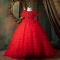 Vestido de Navidad para niña, vestido de comunión para niña pequeña, vestido rojo esponjoso de princesa con cola de cumpleaños, hermoso vestido de desfile 