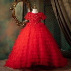 Vestido de Navidad para niña, vestido de comunión para niña pequeña, vestido rojo esponjoso de princesa con cola de cumpleaños, hermoso vestido de desfile 
