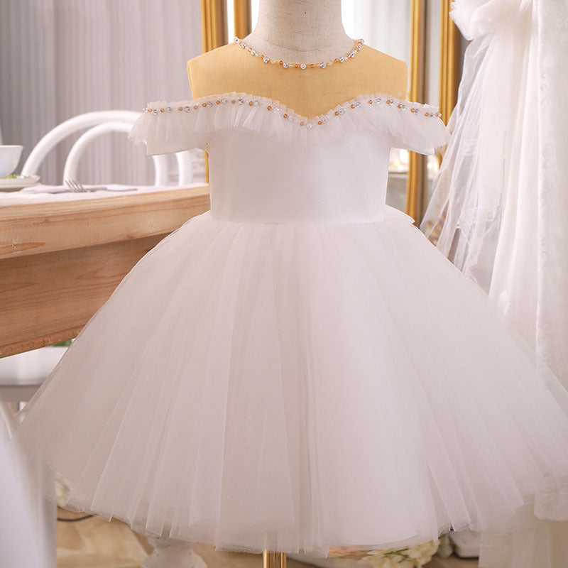 Ballkleider für Kleinkinder, Blumenmädchen, Geburtstag, Gold, Weiß, Taufe, Kommunion, Prinzessin, Festkleid 